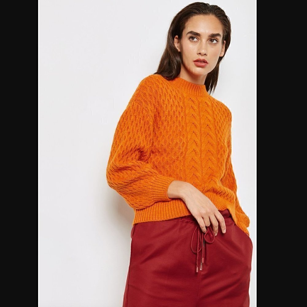 Philosophy Cable Knit Sweater M Puff Sleeves Mock Neck Fall Pumpkin Orange